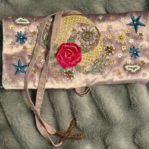 World Market Celestial Beaded Velvet Clutch Blush Mystic Sun Moon Bag NWT